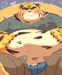  0119_muu 2023 anthro belly big_belly blush bottomwear clothing felid kemono male mammal overweight overweight_male pantherine pants solo tiger underwear 