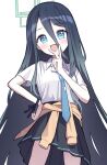  1girl :d absurdres aris_(blue_archive) black_hair black_skirt blue_archive blue_eyes blue_necktie blush cardigan cardigan_around_waist clothes_around_waist commentary commentary_request hair_between_eyes halo highres long_hair looking_at_viewer necktie open_mouth shirt short_sleeves simple_background skirt smile solo standing tadashisa very_long_hair white_background white_shirt yellow_cardigan 