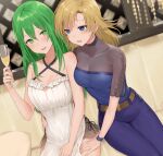  2girls :d alternate_costume blonde_hair blue_eyes breasts cleavage collarbone criss-cross_halter dress dutch_angle fire_emblem fire_emblem:_path_of_radiance fire_emblem:_radiant_dawn green_eyes green_hair hair_down halterneck hand_on_another&#039;s_hip hand_on_another&#039;s_thigh haru_(nakajou-28) heather_(fire_emblem) long_hair medium_breasts multiple_girls nephenee_(fire_emblem) open_mouth pants purple_pants short_sleeves sitting smile straight_hair sweatdrop white_dress wristband yuri 