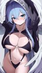  1girl absurdres bikini black_bikini black_cape black_gloves blue_eyes blue_hair blush breasts cape chimyo cleavage closed_mouth collarbone commentary_request commission elbow_gloves expressionless feathered_wings gloves hair_between_eyes highres hood hood_up hooded_cape korean_commentary large_breasts long_hair looking_at_viewer maplestory navel o-ring o-ring_bikini sidelocks solo stomach swimsuit underboob white_wings wings 