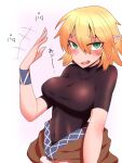  1girl black_shirt blonde_hair blush breasts brown_shirt clothes_around_waist commentary_request covered_navel fanning_self green_eyes hair_between_eyes highres hot kuri_dora long_bangs looking_at_viewer medium_breasts mizuhashi_parsee open_mouth pointy_ears round_teeth shirt shirt_around_waist short_hair short_sleeves simple_background solo sweat teeth touhou undershirt upper_body upper_teeth_only white_background 