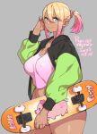  1girl adjusting_hair agawa_ryou blonde_hair breasts commentary covered_nipples cowboy_shot dark-skinned_female dark_skin dated earrings english_commentary english_text gradient_hair hair_between_eyes hair_ornament hair_scrunchie holding holding_skateboard jacket jewelry looking_at_viewer multicolored_hair open_clothes open_jacket original pig_print pink_hair ponytail scrunchie signature simple_background skateboard smile solo tank_top 
