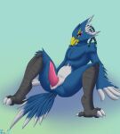  absurd_res angry animal_genitalia anthro avian beak bird blue_body breath breath_of_the_wild feathers genitals green_eyes hi_res looking_up male nintendo pigtails revali rito simple_background slit solo spread_legs spreading tail_feathers the_legend_of_zelda therobd white_body white_feathers yellow_beak 