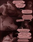  bodily_fluids canid canine clothed clothing comic digital_media_(artwork) duo english_text feral fur hair hi_res human lemondeer male male/male mammal monochrome mordecai_(lemondeer) noah_(downthehatch) simple_background size_difference smaller_male text vore 