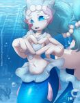  blush breasts bubble cleavage clothed clothing female gem generation_7_pokemon gesture hand_heart hi_res looking_at_viewer nintendo nipple_outline pearl_(gem) pokemon pokemon_(species) primarina rilex_lenov solo underwater water 