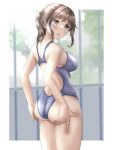  1girl ass blue_one-piece_swimsuit breasts brown_eyes brown_hair competition_swimsuit cowboy_shot from_behind highres looking_at_viewer mashinatsu medium_breasts one-piece_swimsuit original ponytail sidelocks solo standing swimsuit 