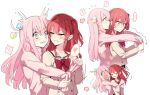  !? 2girls ? blue_eyes blush bocchi_the_rock! bow closed_eyes cube_hair_ornament embarrassed gotou_hitori green_eyes hair_between_eyes hair_ornament heart hug hug_from_behind jacket kita_ikuyo kuma_(bloodycolor) long_hair long_sleeves looking_at_another multiple_girls one_side_up open_mouth pink_hair pink_jacket pink_track_suit red_bow red_hair sailor_collar school_uniform shuka_high_school_uniform sleeves_past_fingers sleeves_past_wrists smile speech_bubble spoken_heart surprised sweat sweatdrop tied_sleeves track_jacket white_sailor_collar yuri 