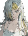  1girl alternate_hair_length alternate_hairstyle blonde_hair breasts grey_eyes grey_hair hair_over_one_eye highres kromer_(limbus_company) limbus_company long_hair looking_at_viewer multicolored_hair project_moon solo svkp tongue tongue_out 