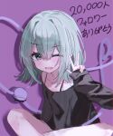  1girl absurdres black_bra black_shirt blush bra eyeball green_eyes heart heart_of_string highres komeiji_koishi light_green_hair medium_hair no_headwear one_eye_closed purple_background shirt simple_background sleeves_past_wrists solo third_eye touhou underwear v v-shaped_eyebrows wavy_hair wavy_mouth yumeno_ruruka 