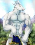  2023 abs anthro biceps biped chibikoma clothed clothing detailed_background digital_drawing_(artwork) digital_media_(artwork) dragon green_sclera hi_res horn in_the_land_of_leadale knight male melee_weapon multi_horn muscular muscular_anthro muscular_male pecs portrait pupils scalie shining_saber slit_pupils solo sword three-quarter_portrait topless topless_anthro topless_male warrior weapon white_body white_skin 