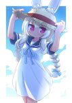  1girl animal_ear_fluff animal_ears arms_up blonde_hair blue_bow blue_ribbon blue_sailor_collar blue_sky bow braid breasts brown_headwear closed_mouth cloud collarbone commentary cowboy_shot day dress ears_through_headwear hair_bow hands_on_headwear hat heart heart-shaped_pupils highres looking_at_viewer masurao_(sekaiju) masurao_2_(sekaiju) naga_u neck_ribbon pink_eyes rabbit_ears rabbit_girl ribbon sailor_collar sailor_dress sekaiju_no_meikyuu sekaiju_no_meikyuu_5 short_dress short_sleeves sky small_breasts smile solo straw_hat symbol-shaped_pupils thick_eyebrows twin_braids white_dress 