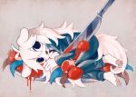  1other animal_ears animal_feet barefoot black_eyes blue_pants blue_shirt dog_ears food fruit furry grey_background knife leaf lying on_side original pants plate shirt solo tail white_hair yaigi 