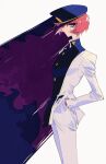  1girl alternate_costume blue_headwear blue_jacket closed_mouth from_side hand_in_pocket hat highres himemiya_anthy jacket long_sleeves looking_at_viewer pants peaked_cap pink_hair pochi_(askas_is_god) profile short_hair shoujo_kakumei_utena standing tenjou_utena white_jacket white_pants 