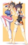  2girls :d bandages bandaid bandaid_on_arm bandaid_on_face bandaid_on_nose baozi barefoot bea_(pokemon) bea_(pokemon)_(cosplay) black_bodysuit black_collar black_gloves black_hair black_hairband blue_eyes blue_gloves blue_hair blush bodysuit bodysuit_under_clothes bow_hairband bowl_cut breasts bun_(food) closed_mouth collar collarbone cosplay covered_navel crossover double_bun dynamax_band feet fingerless_gloves firecrackers food gloves hair_bun hair_ornament hairband holding holding_poke_ball knee_pads large_breasts leotard leotard_under_clothes linea_alba looking_at_another maylene_(pokemon) maylene_(pokemon)_(cosplay) meimei_(senran_kagura) multiple_girls number_print open_mouth orange_background orange_eyes orange_gloves pants pink_pants poke_ball poke_ball_(basic) pokemon pokemon_(game) pokemon_dppt pokemon_swsh print_shirt print_shorts purple_ribbon ribbon senran_kagura senran_kagura_new_wave senran_kagura_shinovi_versus shiny_skin shirt short_hair short_sleeves shorts side_slit side_slit_shorts sideboob single_glove smile standing standing_on_one_leg sweatpants tied_shirt tongue two-tone_background two-tone_gloves two-tone_pants ultra_ball white_background white_pants yozakura_(senran_kagura) zetsumu 