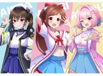  #unicus_(idolmaster) 3girls ;d black_hair blue_hair breasts brown_hair character_name cleavage cleavage_cutout clothing_cutout column_lineup fang finger_gun foreshortening heart_cutout high-waist_skirt idolmaster idolmaster_cinderella_girls looking_at_viewer medium_breasts multicolored_hair multiple_girls navel one_eye_closed pink_hair sakura_ran simple_background skirt smile stomach sunazuka_akira tsujino_akari two-tone_hair yumemi_riamu 