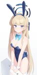 1girl absurdres animal_ears aqua_bow aqua_bowtie bare_shoulders blonde_hair blue_archive blue_eyes blue_hairband blue_leotard blush bow bowtie braid breasts cleavage collarbone commentary covered_navel detached_collar fake_animal_ears fake_tail h9_99999 hairband halo highleg highleg_leotard highres holding_case leotard long_hair looking_at_viewer medium_breasts multicolored_hair official_alternate_costume playboy_bunny rabbit_ears rabbit_tail simple_background solo strapless strapless_leotard streaked_hair tail thighhighs toki_(blue_archive) toki_(bunny)_(blue_archive) very_long_hair white_background white_thighhighs white_wrist_cuffs wrist_cuffs 