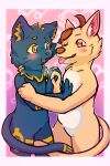  &lt;3 2:3 absurd_res blush brown_hair cafacat canid canine chimera domestic_cat duo embrace felid feline felis fur hair hand_on_chest hand_on_hand hand_on_shoulder heart_background hi_res himo himo_peter0409 hug khaki_fur looking_at_another looking_at_partner looking_each_other male male/male mammal one_eye_closed open_mouth russian_blue tail tail_on_leg tongue tongue_out white_body white_fur yellow_body yellow_fur 