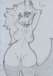  2023 anthro areola bedroom_eyes blush bodily_fluids breasts canid canid_demon canine clothing collar demon female fur genital_fluids genitals graphite_(artwork) hair hands_behind_head hellhound helluva_boss innie_pussy legwear looking_at_viewer loona_(helluva_boss) lunaris_parukia mammal narrowed_eyes navel nipples nude open_mouth open_smile piercing pussy pussy_juice seductive smile smiling_at_viewer solo spiked_collar spikes thigh_highs thigh_highs_only traditional_media_(artwork) 