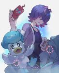  1girl bright_pupils cardigan dot_(pokemon) hair_over_eyes holding holding_phone multicolored_hair open_clothes open_mouth phone pink_hair pokemon pokemon_(anime) pokemon_(creature) pokemon_horizons purple_cardigan purple_hair quaxly rotom rotom_phone short_hair smile tank_top white_pupils youmicitrustea 