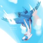  artist_name blue_skin blue_sky cloud colored_skin commentary_request flying from_above highres latios no_humans outdoors pokemon pokemon_(creature) red_eyes sky towa_(clonea) wings 