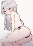  1girl absurdres ass back barefoot black_bikini_bottom blush breasts commission dungeon_and_fighter earrings grey_hair hair_ornament hairclip highres jewelry long_hair looking_at_viewer nipples obam open_mouth pixiv_commission pointy_ears red_eyes sitting small_breasts solo sweat topless yokozuwari 