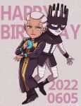  +_+ 1boy 1other black_eyes boots cd commentary_request dark-skinned_male dark_skin dated enrico_pucci grey_hair hage_tashuumi happy_birthday highres jojo_no_kimyou_na_bouken male_focus pink_lips priest smile stand_(jojo) stone_ocean whitesnake_(stand) 