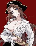  1girl bbunny blush breasts brown_hair chest_tattoo hat heart heart_(organ) heart_tattoo large_breasts limbus_company long_hair long_sleeves looking_at_viewer parted_bangs pirate pirate_hat project_moon red_background red_eyes rodion_(limbus_company) sheath sheathed shirt simple_background smile solo sword tattoo upper_body very_long_hair weapon white_shirt 