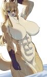  abs anthro biceps blonde_hair canid canine female fox hair heterochromia hi_res long_hair mammal miyanokoko muscular open_mouth smile solo water wet white_body yellow_body 