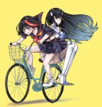  2girls bicycle bicycle_basket black_hair black_skirt blue_eyes blue_neckerchief hair_ornament hairclip highres kill_la_kill kiryuuin_satsuki matoi_ryuuko multicolored_hair multiple_girls neckerchief red_hair red_neckerchief riding riding_bicycle school_uniform senketsu serafuku shiraco_(sgdv2435) shoes skirt sneakers streaked_hair sweat thighhighs white_footwear white_skirt white_thighhighs yellow_background 