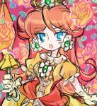  1girl blue_eyes brooch brown_hair crown dress earrings gloves highres jewelry long_hair looking_at_viewer mario_(series) open_mouth piranha_plant princess_daisy rakugaki_shitagari-ya sm teeth umbrella upper_body yellow_dress 