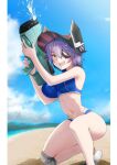  1girl beach bikini blue_bikini blue_sky cloud cosplay day eyepatch kantai_collection kimura_shiki knee_pads mountainous_horizon ocean open_mouth outdoors purple_hair short_hair single_knee_pad sky solo south_dakota_(kancolle) south_dakota_(kancolle)_(cosplay) sports_bikini swimsuit teeth tenryuu_(kancolle) upper_teeth_only visor_cap water_gun yellow_eyes 