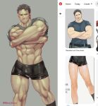  1boy absurdres bara black_hair black_shorts chris_redfield clothes_lift facial_hair grey_shirt highres large_pectorals male_focus muscular muscular_male pectorals photo-referenced pinterest reddjackal resident_evil resident_evil_5 shirt shirt_lift short_hair shorts smile solo thick_thighs thighs twitter_username undressing 