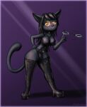  absurd_res anthro boots breasts bulge clothed clothing cuff_(restraint) domestic_cat felid feline felis fianit fiatheweeb footwear gynomorph hair handcuffs harness hi_res intersex leather legwear looking_at_viewer mammal metal_cuffs restraints simple_background smile solo thigh_boots thigh_highs underwear 