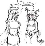  anthro bottomwear canid canine canis clothing crop_top deer dialogue domestic_dog duo ear_piercing ear_ring eyewear female glasses karina_(catjam) lingerie male male/female mammal navel nipples nonbinary_(lore) open_nipple_bra panties piercing ring_piercing scut_tail shirt short_tail sketch skirt smile tail topwear underwear yan yan_(character) 