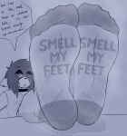  aimpunch anthro azura_(aimpunch) bodily_fluids clothing dialogue feet feet_together feet_up foot_fetish footwear hi_res male mammal monochrome musk musk_clouds musky_feet procyonid raccoon simple_background smelly socks socks_on solo sweat talking_to_viewer text text_on_clothing text_on_footwear 