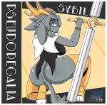 2023 anthro antlers armor big_breasts big_butt blazkenzxy blue_eyes bottomless bottomless_female bovid breasts butt caprine clothed clothing digital_drawing_(artwork) digital_media_(artwork) english_text eyebrows felid feline female fur genitals goat grey_body grey_fur hi_res holding_object holding_weapon horn huge_butt jackalope kneeling lagomorph legwear leporid long_ears long_tail looking_back mammal partially_clothed pseudoregalia pussy rabbit signature simple_background solo sybil_(pseudoregalia) tail text thick_eyebrows thick_thighs weapon wide_hips 