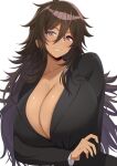  1girl black_jacket breasts brown_eyes brown_hair buttons cleavage collarbone commission dark-skinned_female dark_skin glasses hair_between_eyes highres holding_own_arm huge_breasts jacket kloah long_hair mole mole_under_eye original semi-rimless_eyewear skeb_commission smile solo 