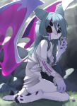  1girl animal_ears black_sclera blue_hair breasts claws cleavage colored_sclera day elira_pendora extra_eyes furry highres kneeling long_hair looking_at_viewer medium_breasts nijisanji outdoors purple_wings solo sweater tail torn_clothes virtual_youtuber white_sweater wings yoako 