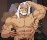  1boy abs bara beard blue_eyes cellphone facial_hair highres holding holding_phone jp_(street_fighter) large_pectorals long_hair male_focus mature_male muscular muscular_male mustache pectorals phone plant potted_plant reflection sa1k0p smartphone solo street_fighter street_fighter_6 sweat thick_eyebrows thick_mustache topless_male towel towel_on_head veins white_hair 