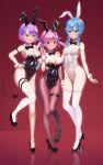  3girls :d absurdres animal_ears black_leotard blue_eyes blue_hair bow bowtie breasts demon_girl detached_collar fake_animal_ears fishnet_pantyhose fishnets full_body green_eyes hand_on_own_hip hands_on_another&#039;s_hips high_heels highleg highleg_leotard highres hololive hoshimachi_suisei large_breasts legs leotard long_hair looking_at_viewer medium_breasts minato_aqua multiple_girls pantyhose pink_eyes pink_hair playboy_bunny pointy_ears purple_hair rabbit_ears rabbit_tail red_background reflective_floor short_hair side_ponytail single_leg_pantyhose smile startend_(hololive) strapless strapless_leotard tail thighhighs thighs tobidasu00 tokoyami_towa twintails white_leotard white_thighhighs wrist_cuffs 