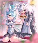  2girls absurdres animal_ears apron arona_(blue_archive) black_dress black_hairband blue_archive blue_eyes blue_hair blue_halo blush breasts cat_ears cat_tail colored_inner_hair dress flat_chest flower food fruit grey_eyes grey_hair hair_over_one_eye hairband halo highres holding holding_tray long_hair long_sleeves medium_breasts mirror multicolored_hair multiple_girls nyaruin pink_flower pink_hair plana_(blue_archive) puffy_short_sleeves puffy_sleeves red_halo short_hair short_sleeves socks strawberry tail tray waist_apron white_apron white_socks 