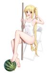  1girl absurdres armpits arms_up bare_legs barefoot bikini blonde_hair bocchi_the_rock! chair dorsiflexion feet food fruit highres ijichi_nijika legs liwen520 long_hair looking_at_viewer one-piece_swimsuit open_mouth pole side_ponytail soles swimsuit toenails toes watermelon white_swimsuit 