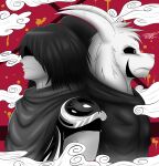  armor asriel_dreemurr black_and_white black_sclera bottomwear bovid capelet caprine clothed clothing deltarune duo fully_clothed fur goat hi_res hidden_eyes horn human humanoid interspecies itisjoidok knight kris_(deltarune) long_ears male male/male mammal monochrome red_background simple_background undertale undertale_(series) warrior white_body white_fur 