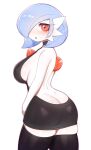  absurd_res blue_hair breasts butt clothed clothing female galutine gardevoir generation_3_pokemon hair hi_res humanoid looking_at_viewer nintendo not_furry pokemon pokemon_(species) red_eyes simple_background solo white_body 