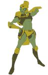  1girl autobot backpack bag blue_eyes breasts colored_skin ebirdwatching elita_one full_body green_lips hand_on_own_hip helmet highres humanoid_robot medium_breasts panties robot simple_background solo transformers transformers_animated underwear yellow_panties 