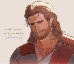  1boy absurdres baldur&#039;s_gate baldur&#039;s_gate_3 bara beard_stubble brown_hair chest_hair dungeons_and_dragons english_text evil_smile gale_(baldur&#039;s_gate) head_tilt highres light_frown male_focus mature_male medium_hair mustache_stubble nona_(illumancer) pectoral_cleavage pectorals smile solo thick_eyebrows 