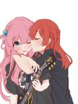  2girls blue_eyes blush bocchi_the_rock! closed_eyes commentary_request cube_hair_ornament gotou_hitori guitar hair_ornament highres hiiragi_iwashi_(artist) holding holding_instrument instrument kiss kissing_cheek kita_ikuyo long_hair medium_hair multiple_girls one_eye_closed parted_lips pink_hair red_hair yuri 