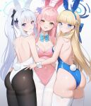  3girls absurdres alternate_costume animal_ears ass black_pantyhose blonde_hair blue_archive blue_eyes blue_leotard blue_nails blue_ribbon blush breasts commentary commentary_request commission detached_collar fake_animal_ears fake_tail flower hair_bun hair_flower hair_ornament halo highres kiu6 leotard long_hair looking_at_viewer mika_(blue_archive) miyako_(blue_archive) multiple_girls nail_polish neck_ribbon official_alternate_costume open_mouth pantyhose pink_hair pink_leotard pixiv_commission playboy_bunny purple_eyes rabbit_ears rabbit_tail revision ribbon simple_background single_side_bun tail teeth thighhighs toki_(blue_archive) toki_(bunny)_(blue_archive) upper_teeth_only v white_hair white_leotard white_pantyhose white_thighhighs yellow_eyes 