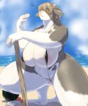  absurd_res anthro areola beach big_breasts bikini bovid bovine breasts brown_hair cattle clothed clothing cloud crouching curvy_figure day female genitals hair hi_res horn huge_breasts kemono looking_at_viewer mammal mostly_nude nakamura puss pussy pussy_floss seaside skimpy sky sling_bikini solo swimwear thick_thighs voluptuous water 