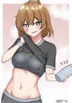  1girl absurdres ahoge alternate_costume bandaid bandaid_on_face bottle breasts brown_eyes brown_hair grey_shirt highres kantai_collection medium_breasts midriff navel notice_lines oboro_(kancolle) open_mouth shirt short_hair smile solo sports_bra tokiwa_senkei wristband 